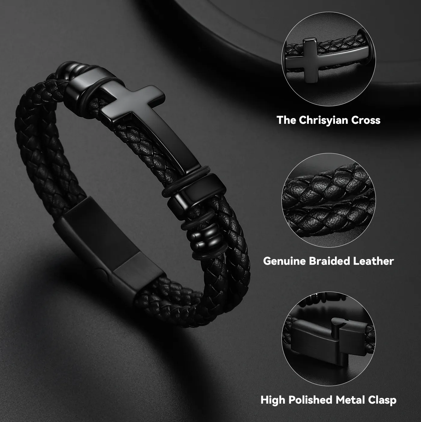 Black Braided Leather Bracelet with Stainless Steel Cross for Men Guys Gift sold by FaithHeart product image thumbnail 5