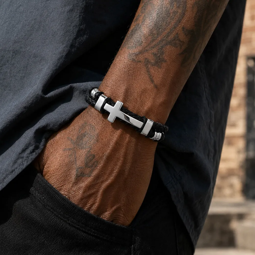 Black Braided Leather Bracelet with Stainless Steel Cross for Men Guys Gift sold by FaithHeart product image thumbnail 3