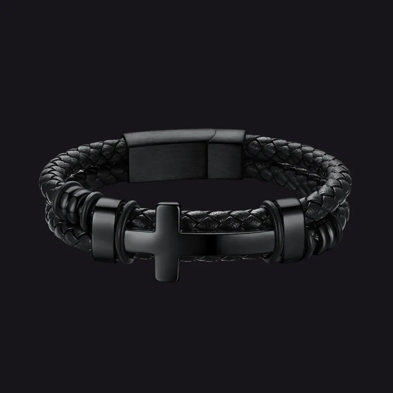 Black Braided Leather Bracelet with Stainless Steel Cross for Men Guys Gift made by FaithHeart