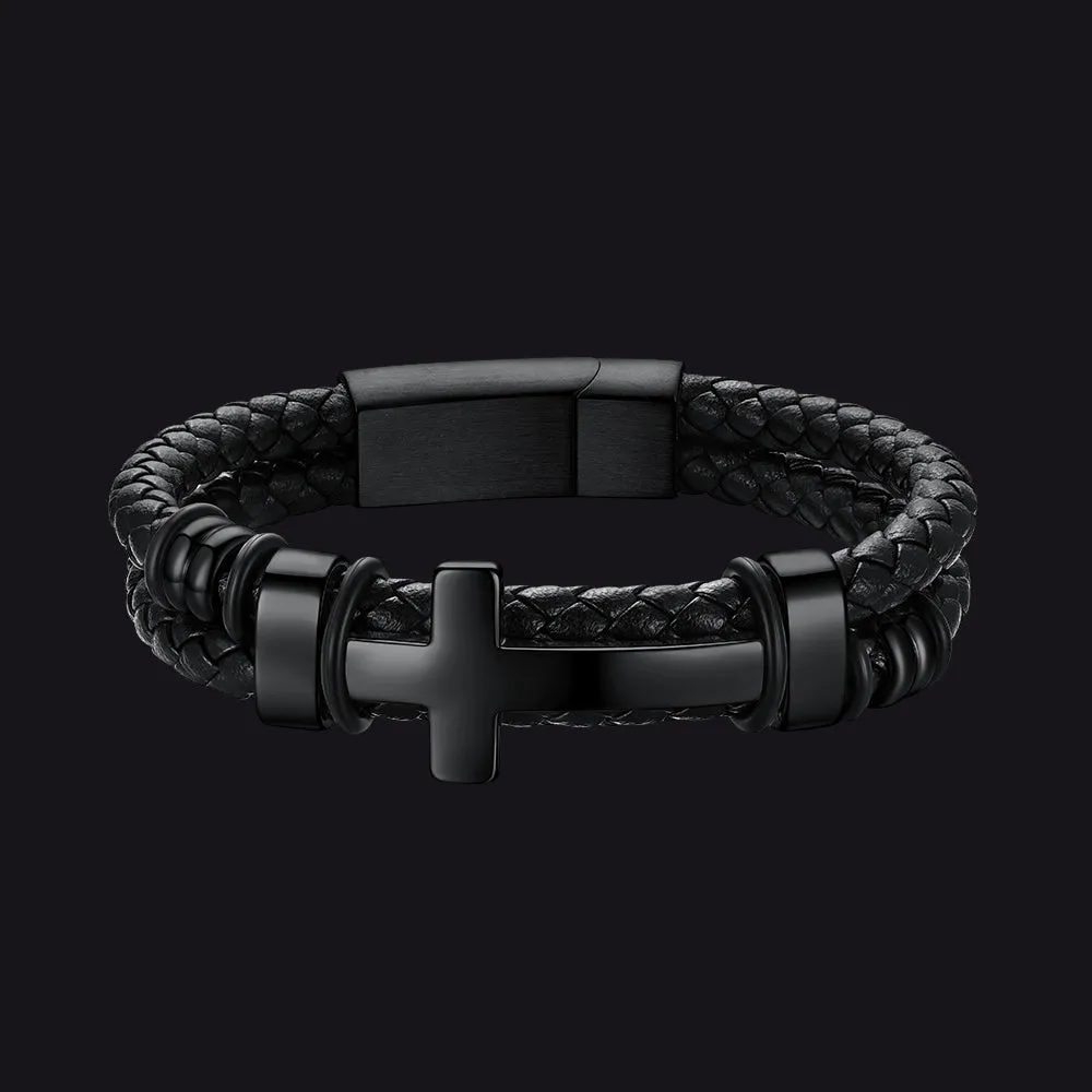 Black Braided Leather Bracelet with Stainless Steel Cross for Men Guys Gift sold by FaithHeart