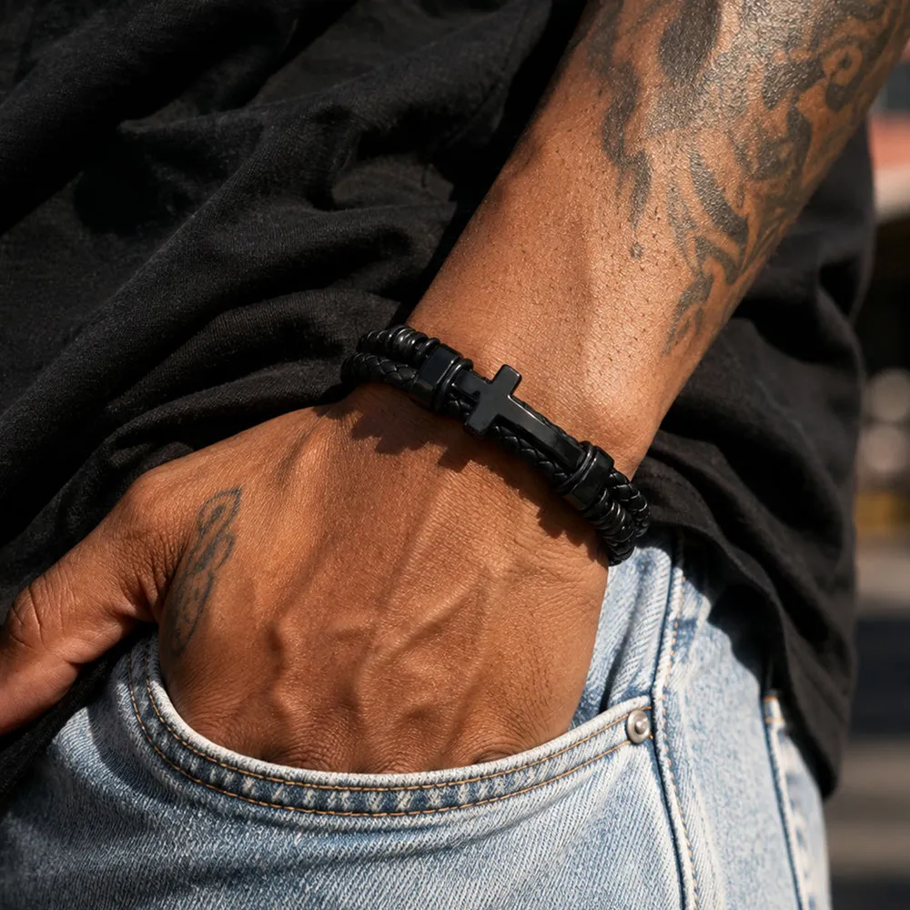 Black Braided Leather Bracelet with Stainless Steel Cross for Men Guys Gift sold by FaithHeart product image thumbnail 2