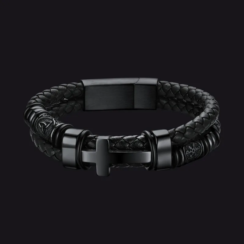 Celtic Knot Cross Leather Braided Wristband Bracelet for Men made by FaithHeart