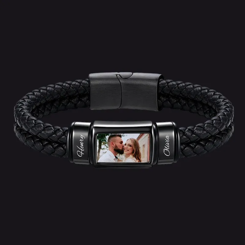 Custom Photo Name Braided Leather Bracelet with Pitucre for Men made by FaithHeart
