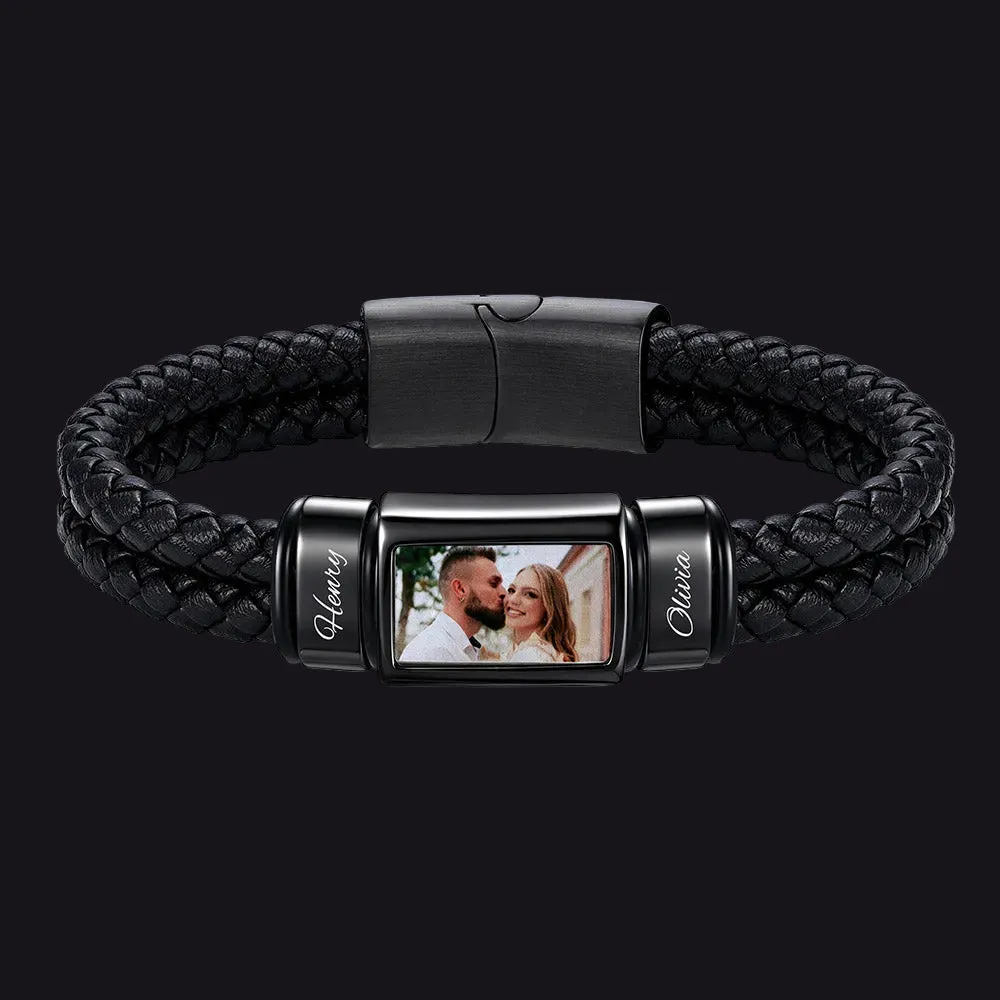 Custom Photo Name Braided Leather Bracelet with Pitucre for Men sold by FaithHeart