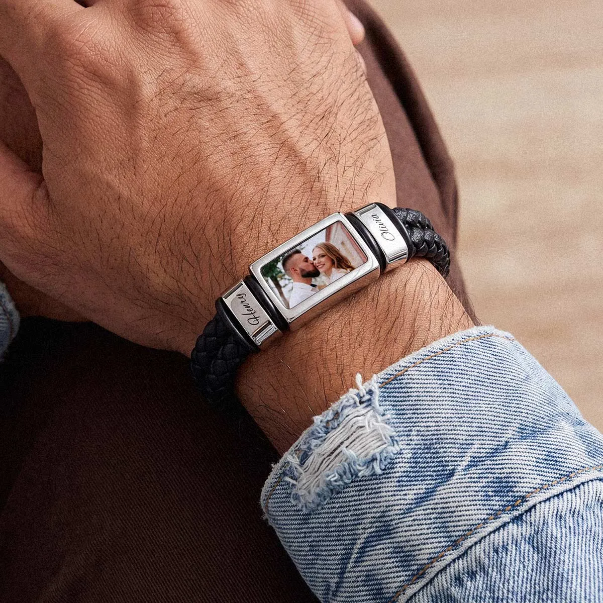 Custom Photo Name Braided Leather Bracelet with Pitucre for Men sold by FaithHeart product image thumbnail 2