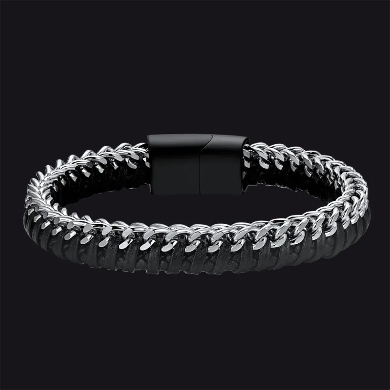 Two-Tone Curb Chain Braided Wristband Leather Bracelet for Men made by FaithHeart
