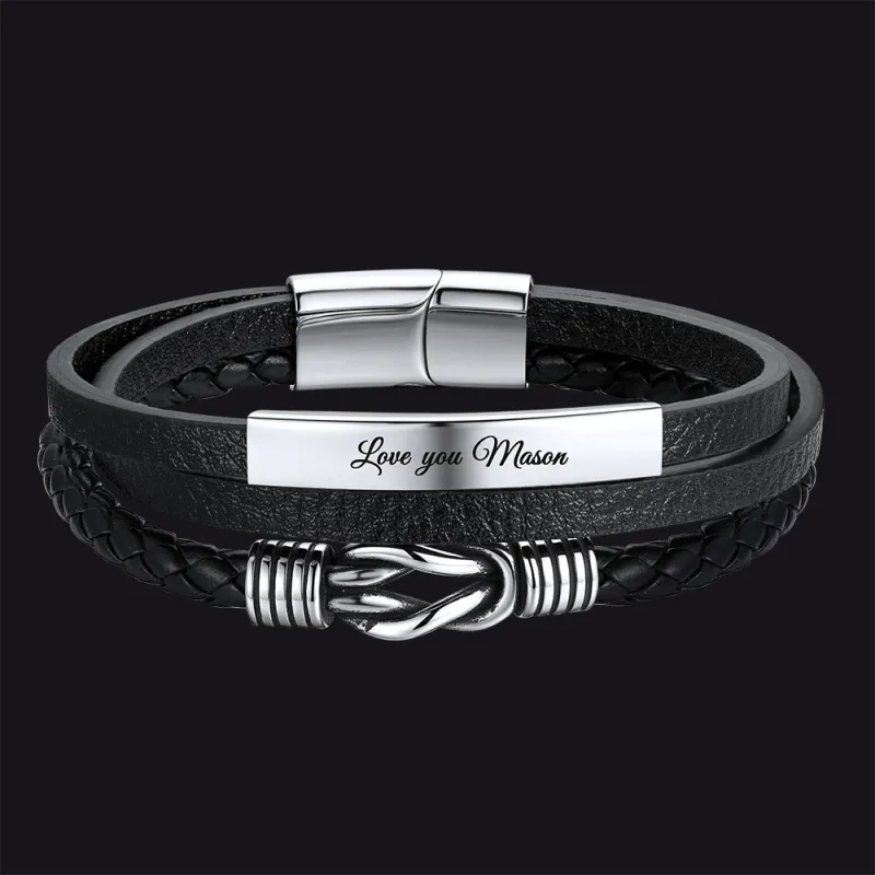 Custom Engraved Infinity Knot Multi-Layer Leather Bracelet Braided Wristband for Men made by FaithHeart
