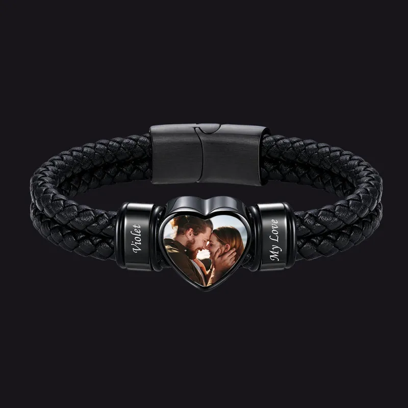 Custom Names Heart Picture Black Braided Leather Bracelet with photo for Men Gift made by FaithHeart