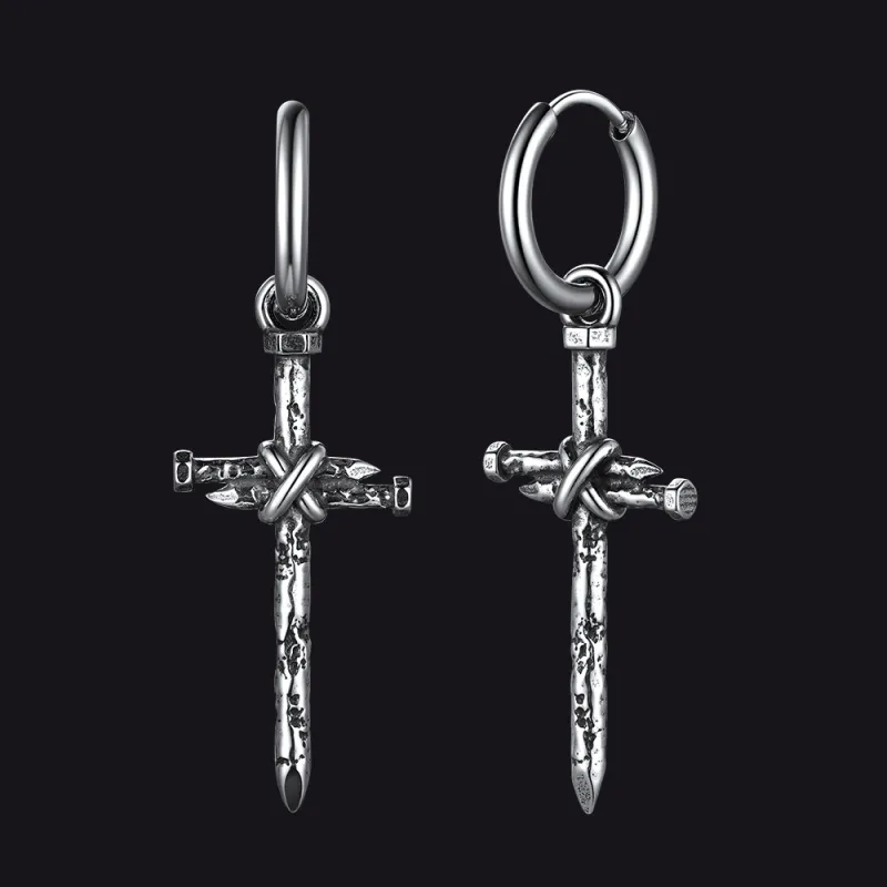 Gothic Vintage Nail Cross Drop Hoop Earrings for Men made by FaithHeart