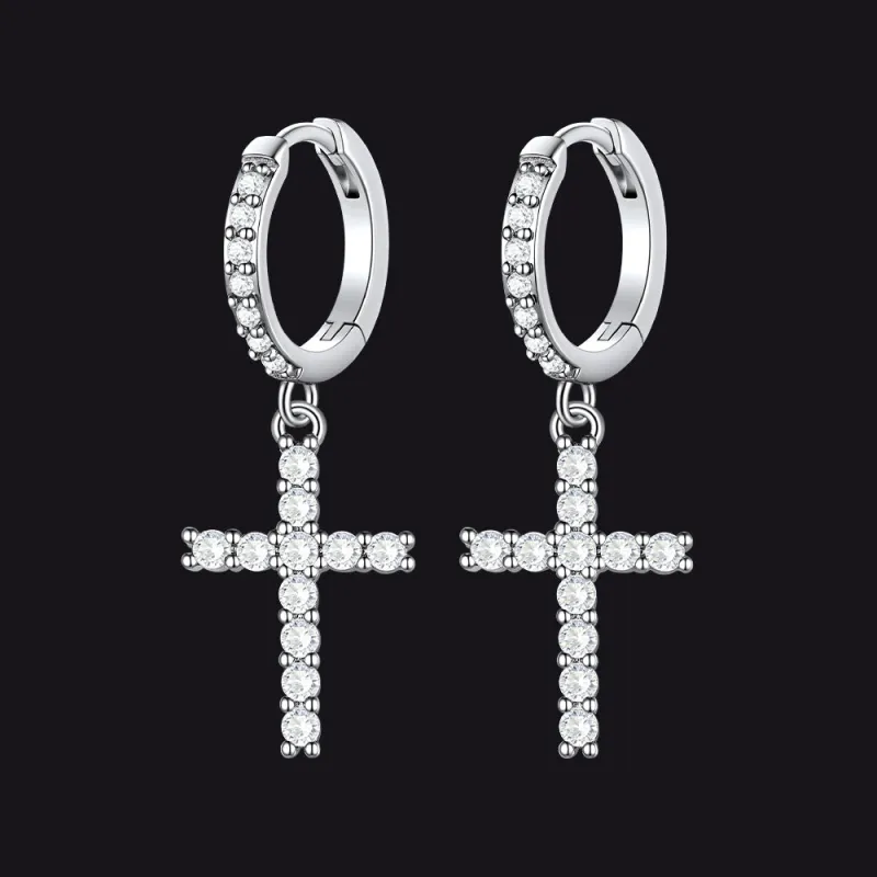 Cubic Zirconia Cross Drop Hoop Earrings for Men Women made by FaithHeart