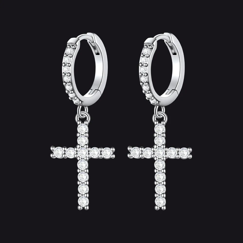Cubic Zirconia Cross Drop Hoop Earrings for Men Women sold by FaithHeart