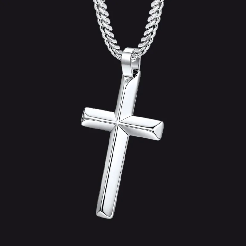 Beveled Edge Crucifix Cross Pendant Necklace with Cuban Chain Gift for Men made by FaithHeart
