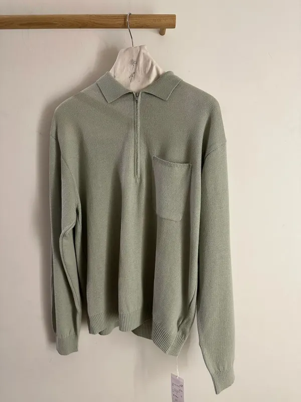 Aton Zip Up Polo Sweater Brushed Linen/Wool sold by Ven. Space