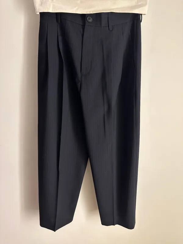 Cristaseya Double Pleated Wide Pants Black/Navy Stripes Dry Wool sold by Ven. Space