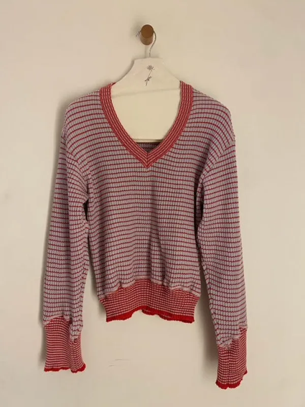 Cecile Tulkens Red and Grey Curved Hem V-Neck Sweater Cotton/Cashmere sold by Ven. Space