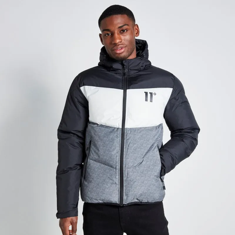 Large Panelled Colour Block Puffer Jacket - Black / White / Shadow Grey made by Eleven degrees