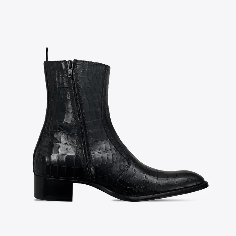 Luca 40mm Side Zip Boots - Black Real Crocodile made by from the first