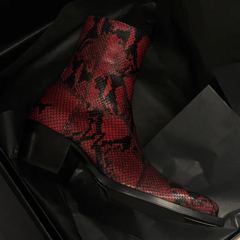 Dante 65mm Side Zip Boots - Red Snake-Effect Leather made by from the first