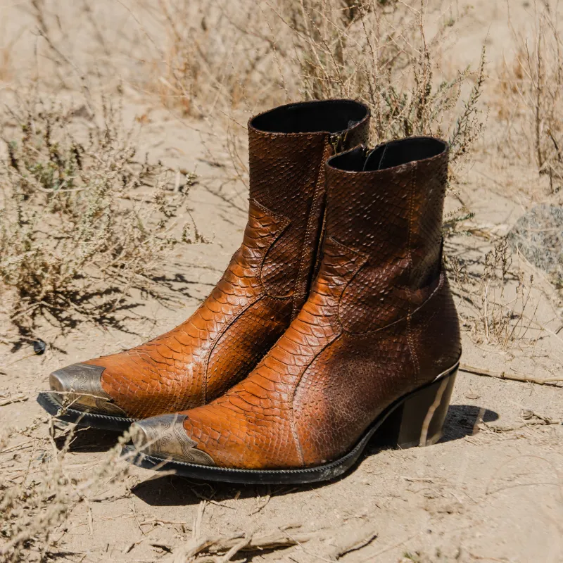 Dante 65mm Western Boot - Brown Python-Effect Hand-Dyed Leather sold by from the first