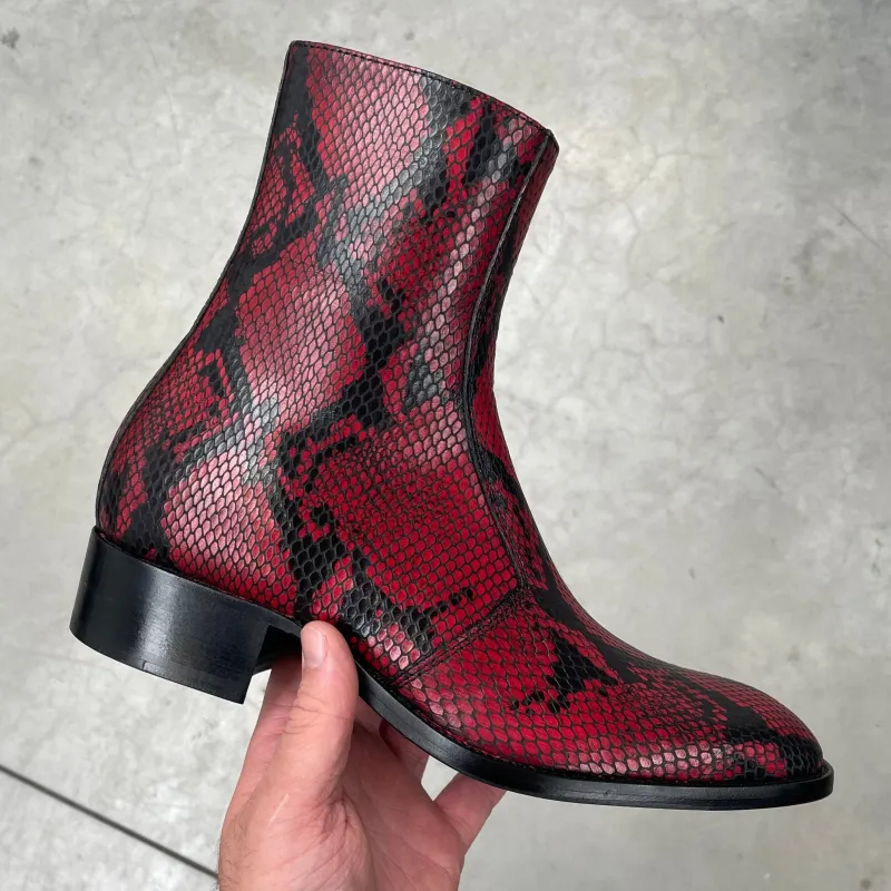 Luca 40mm Side Zip Boots - Red Snake-Effect Leather made by from the first