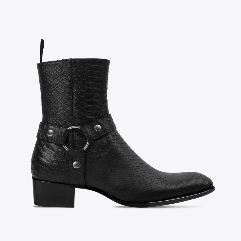 Enzo 40mm Harness Zip Boots - Black Python-Effect Hand-Dyed Leather sold by from the first