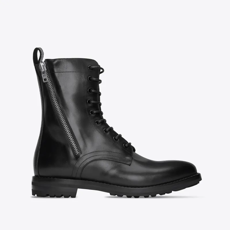 Sergio Zip Combat Boots - Black Leather made by from the first