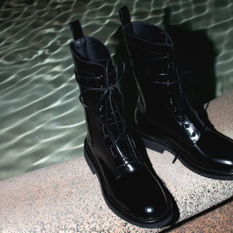 Lorenzo Combat Boots - Black Hi-Shine Leather made by from the first