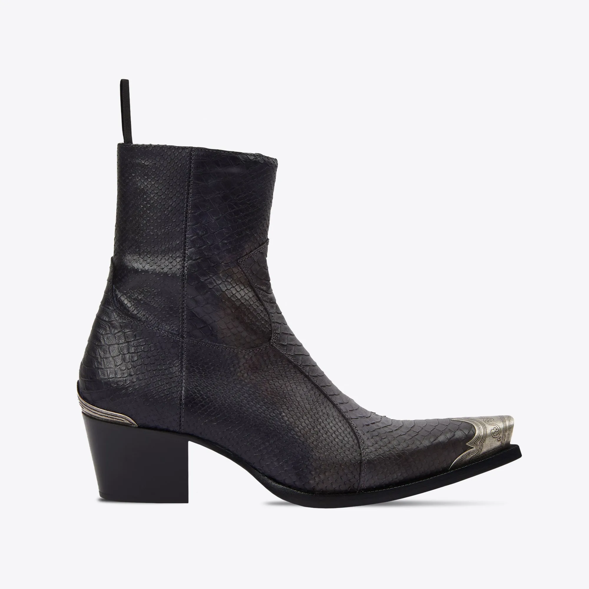 Dante 65mm Western Boots - Raven Black Python-Effect Hand-Dyed Leather sold by from the first