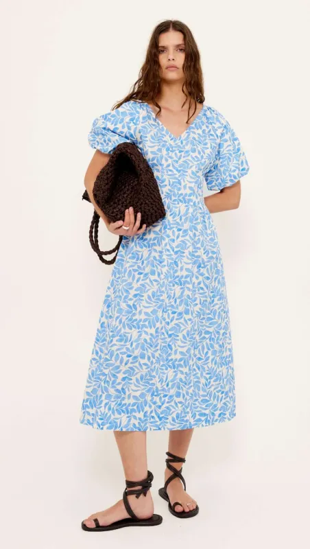 Cotton Blue Leaf Print V-neck Midi Dress made by Staple