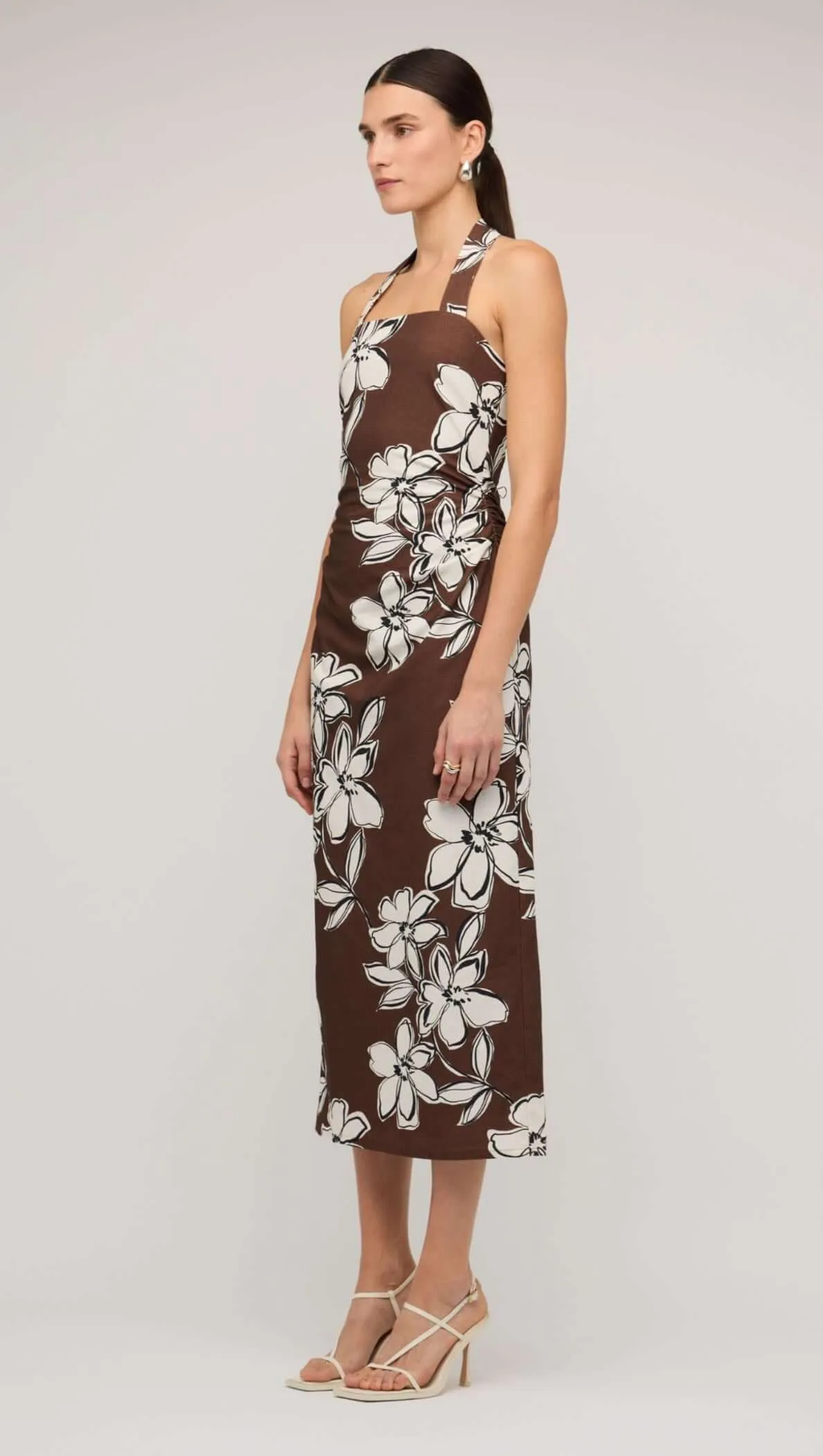 Brown & White Cotton Floral Halter-Neck Midi Dress sold by Staple the Label product image thumbnail 3