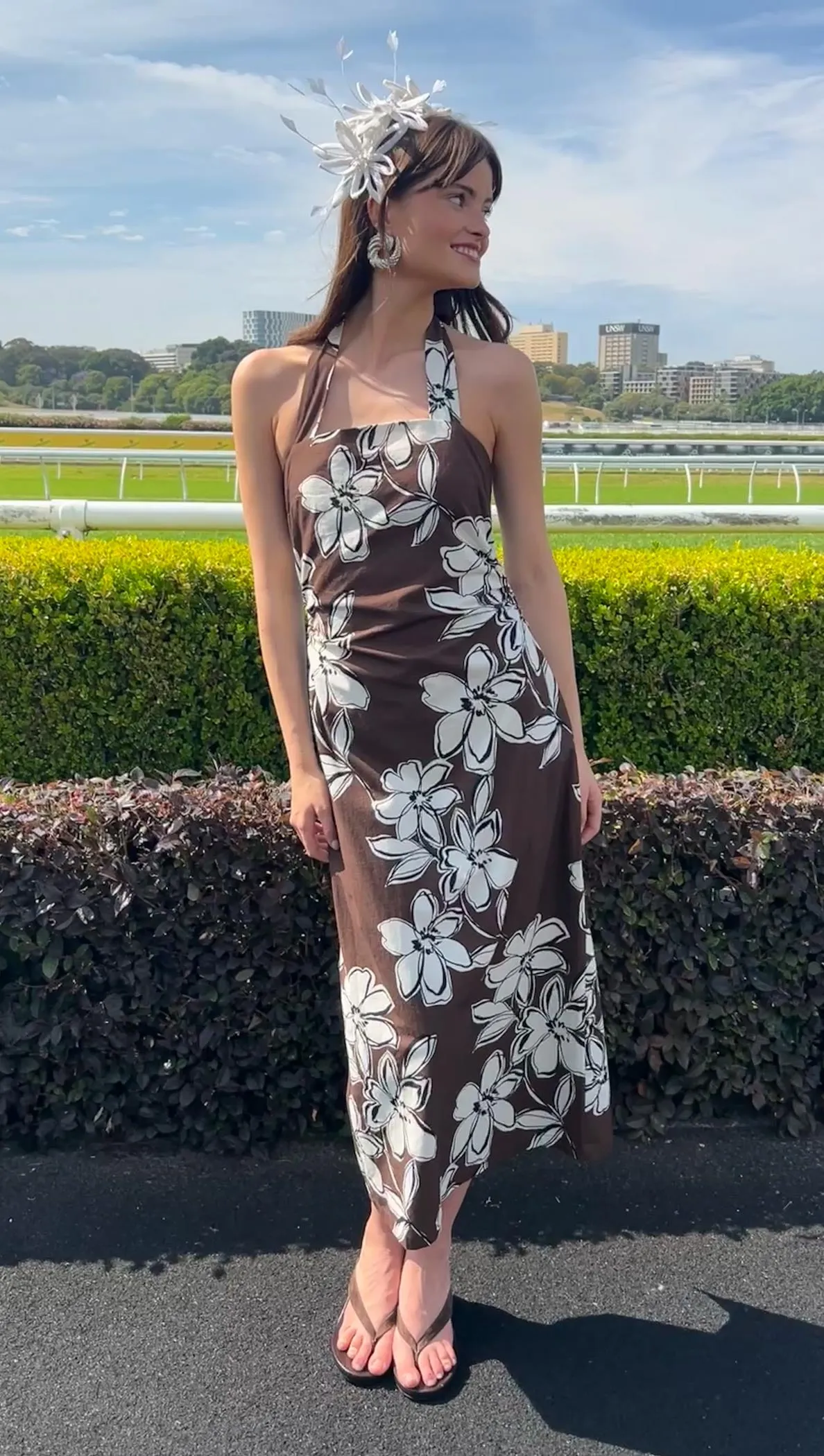 Brown & White Cotton Floral Halter-Neck Midi Dress sold by Staple the Label product image thumbnail 4