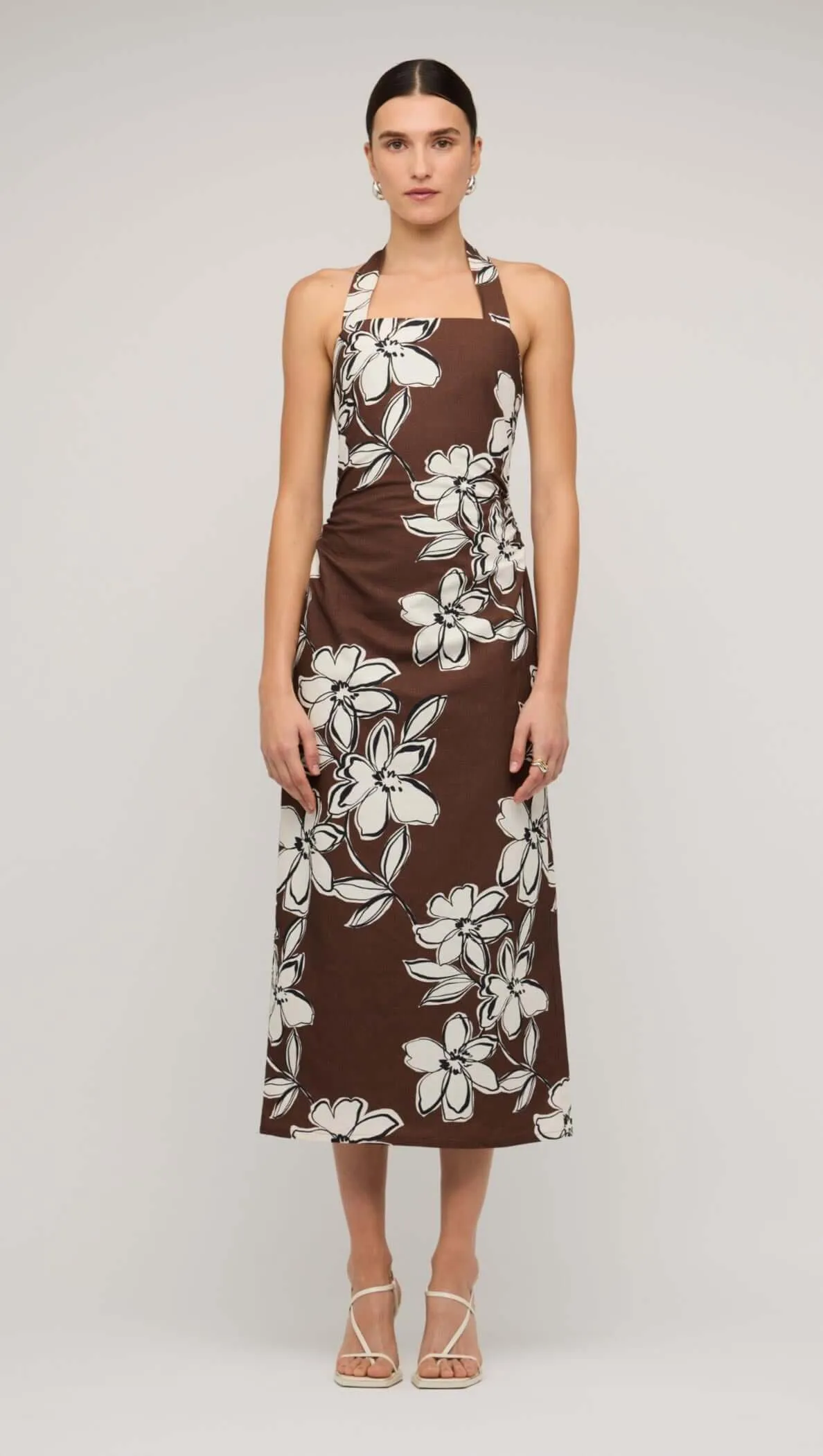 Brown & White Cotton Floral Halter-Neck Midi Dress sold by Staple the Label