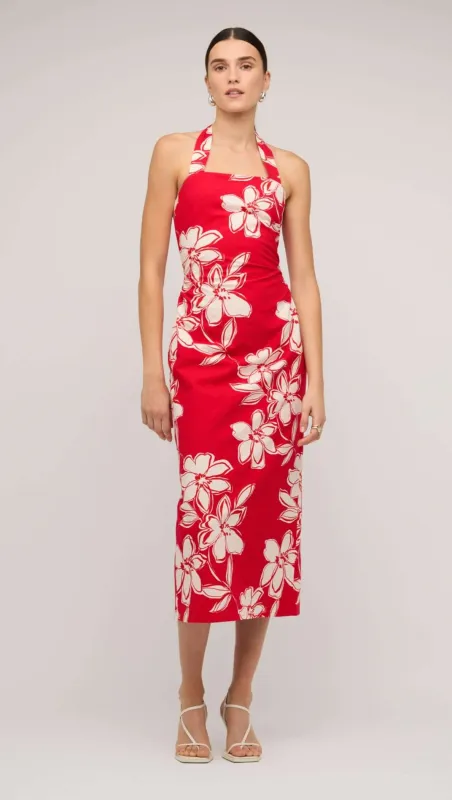 Red & White Cotton Floral Halter-Neck Midi Dress made by Staple