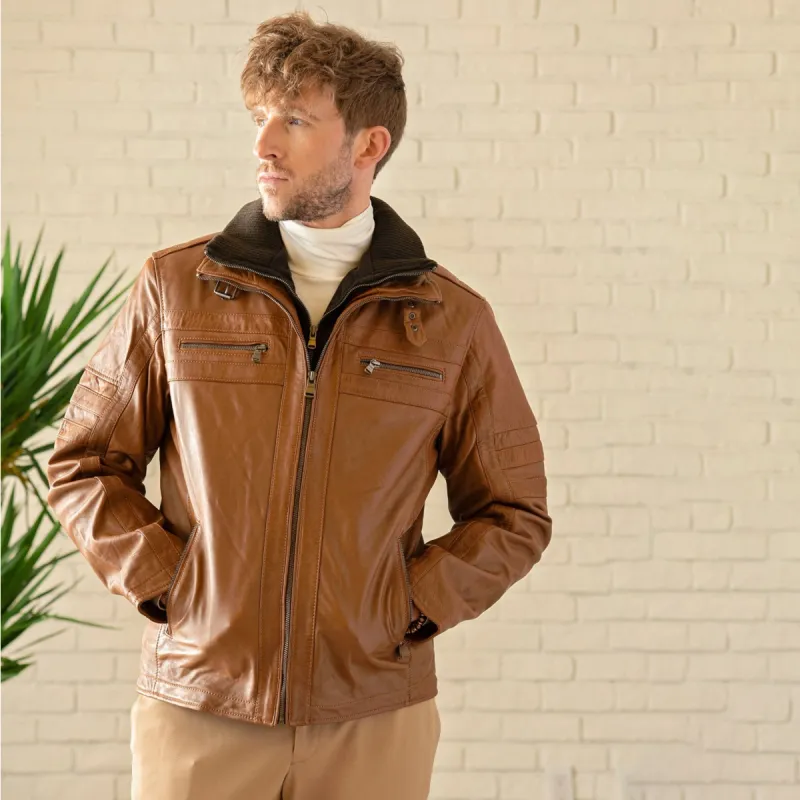 Removable Collar Leather Jacket - Cognac made by Hides Leather