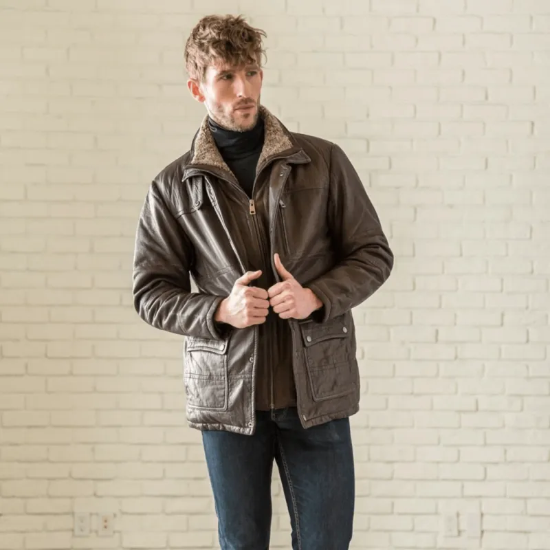 Shearling Collar Leather Coat made by Hides Leather