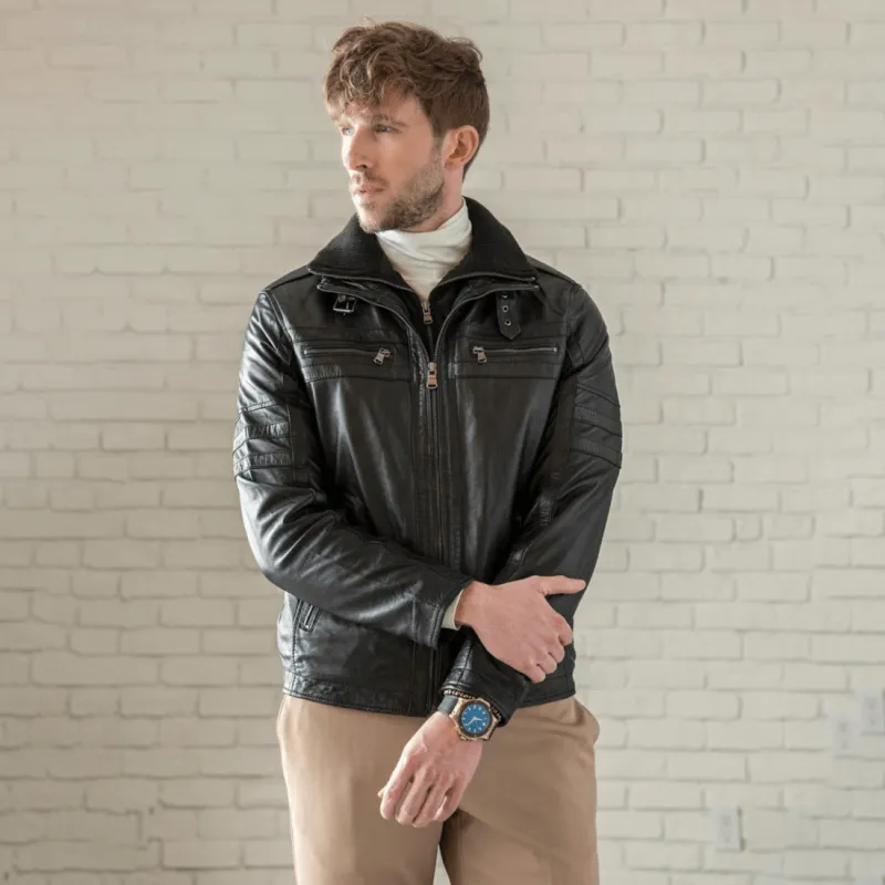 Removable Collar Leather Jacket - Black made by Hides Leather