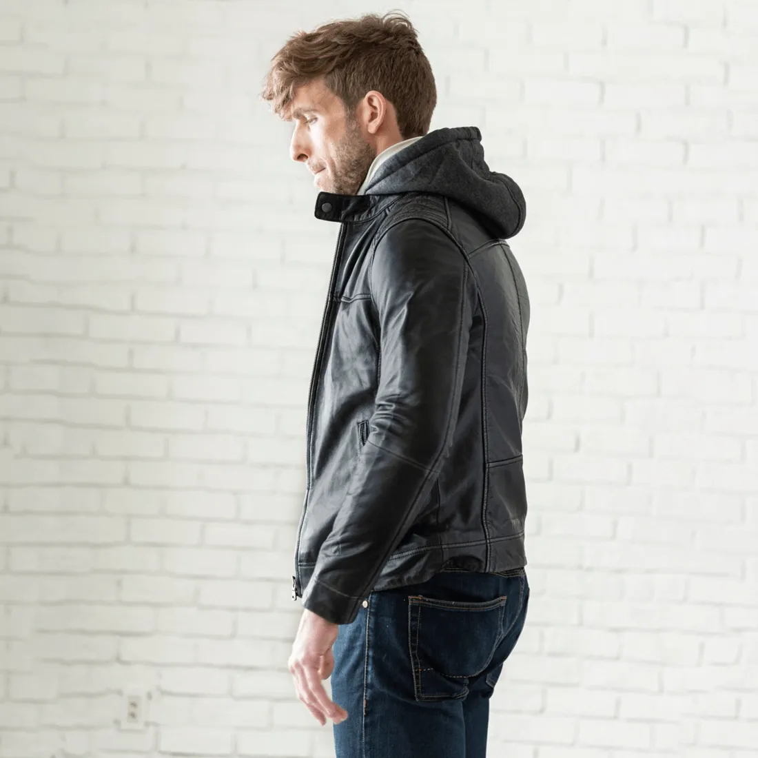 Removable Hood Leather Jacket - Black sold by Hides Leather product image thumbnail 5
