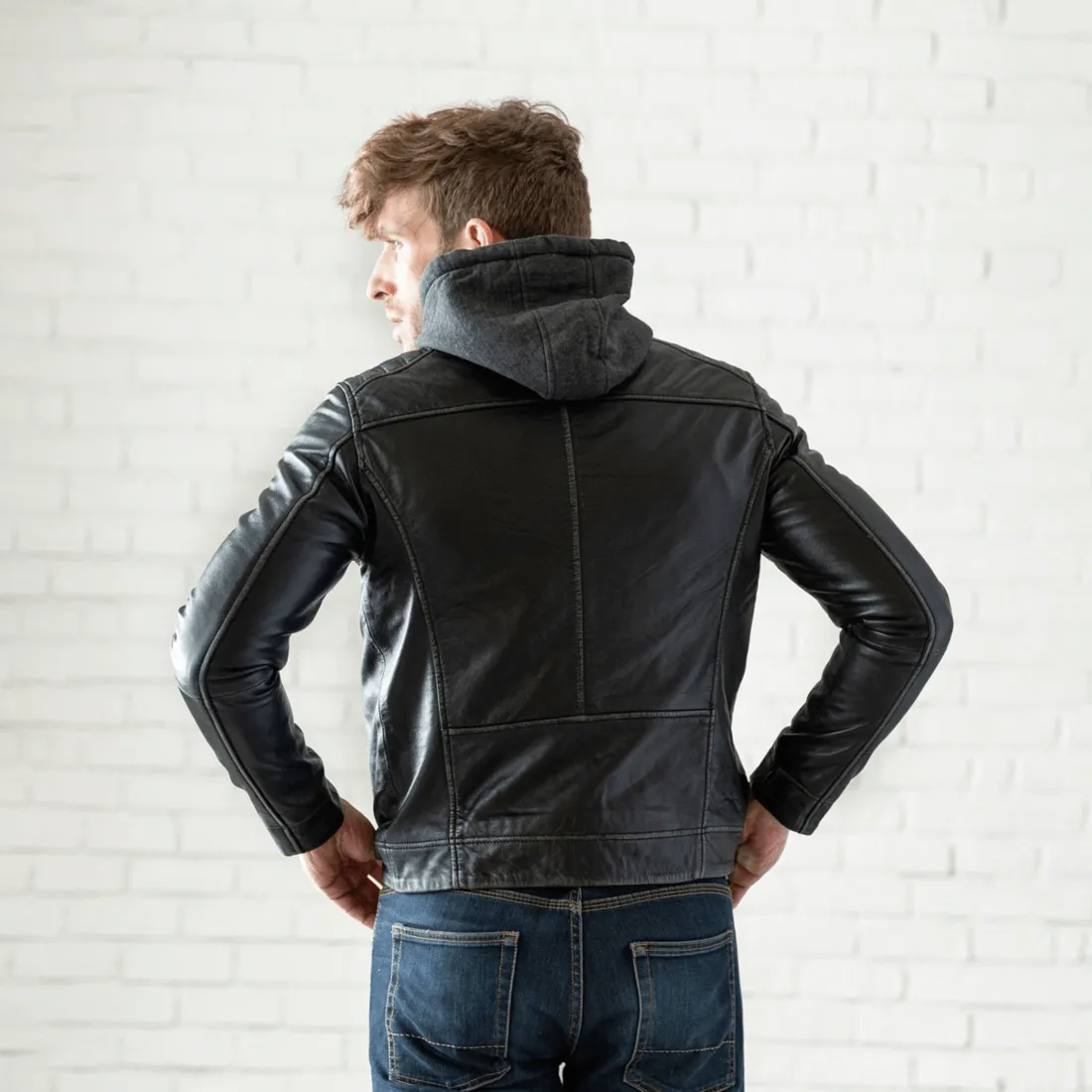 Removable Hood Leather Jacket - Black sold by Hides Leather product image thumbnail 4