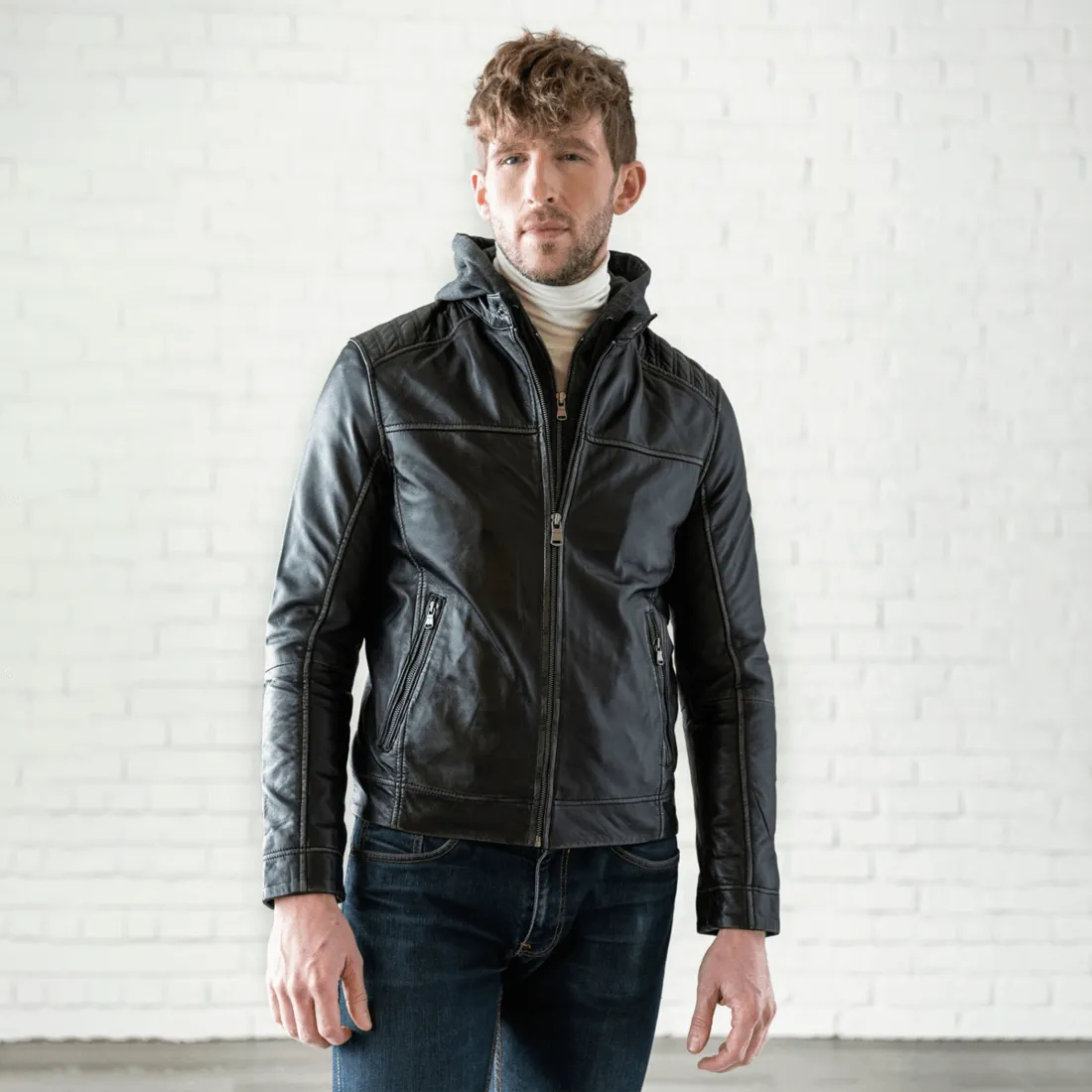 Removable Hood Leather Jacket - Black sold by Hides Leather product image thumbnail 2