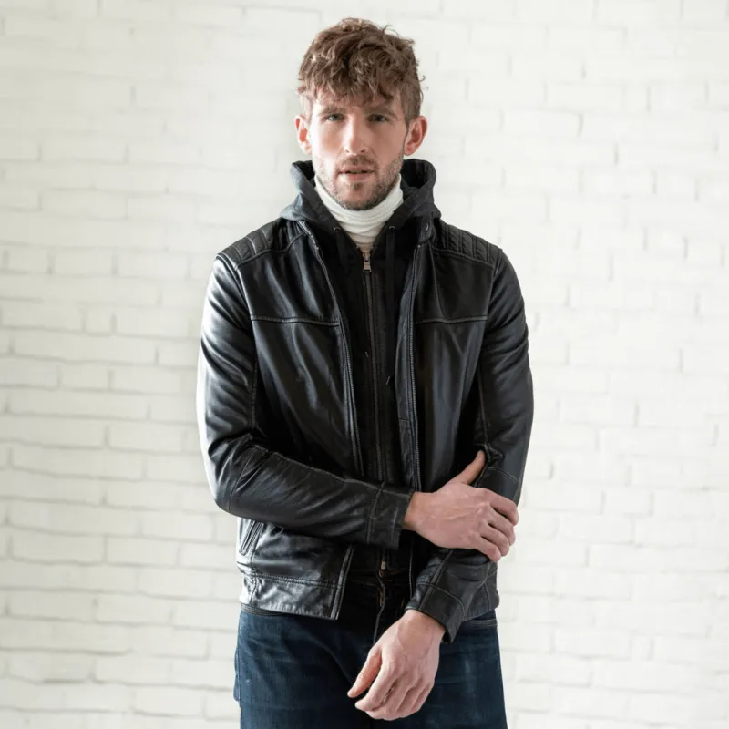 Removable Hood Leather Jacket - Black made by Hides Leather