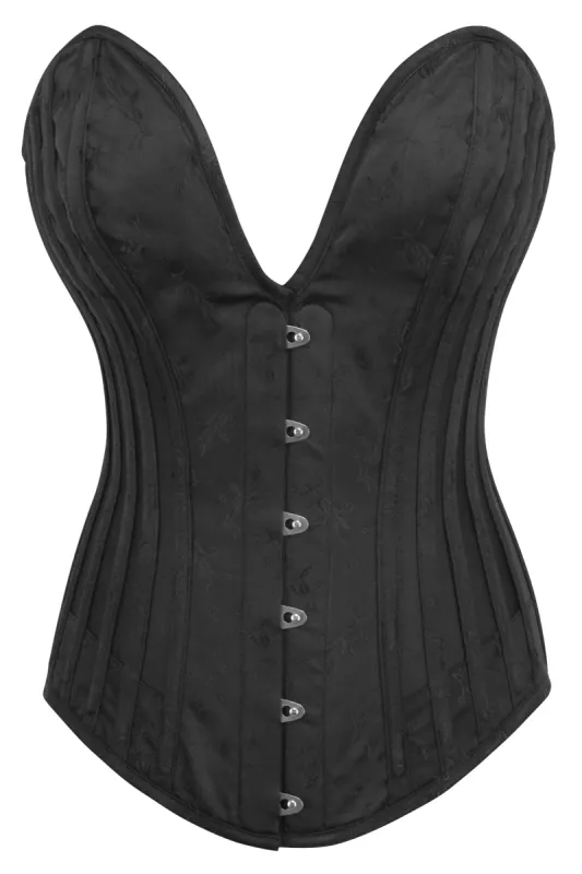 Black Brocade Overbust Corset with Plunge Neckline and Side Mesh Panels sold by Corset Story