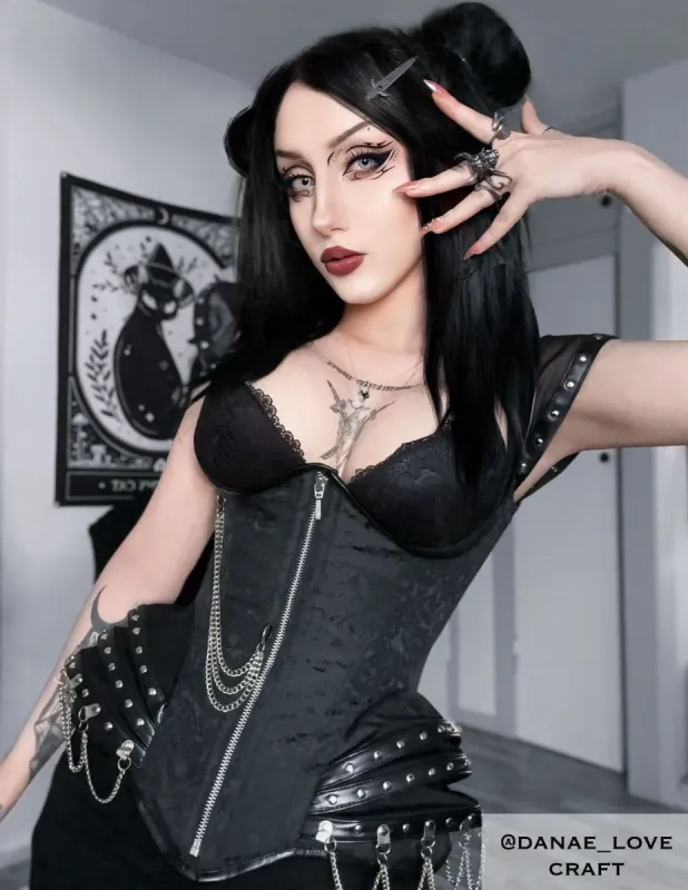 High Backed Black Satin Underbust Corset with Chains sold by Corset Story