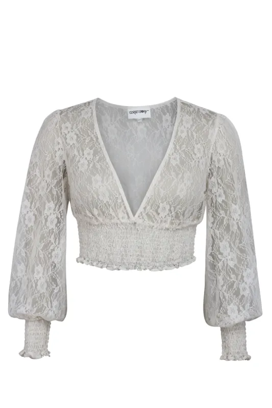 Pearl Whisper White Lace Cropped Top with Long Sleeves sold by Corset Story