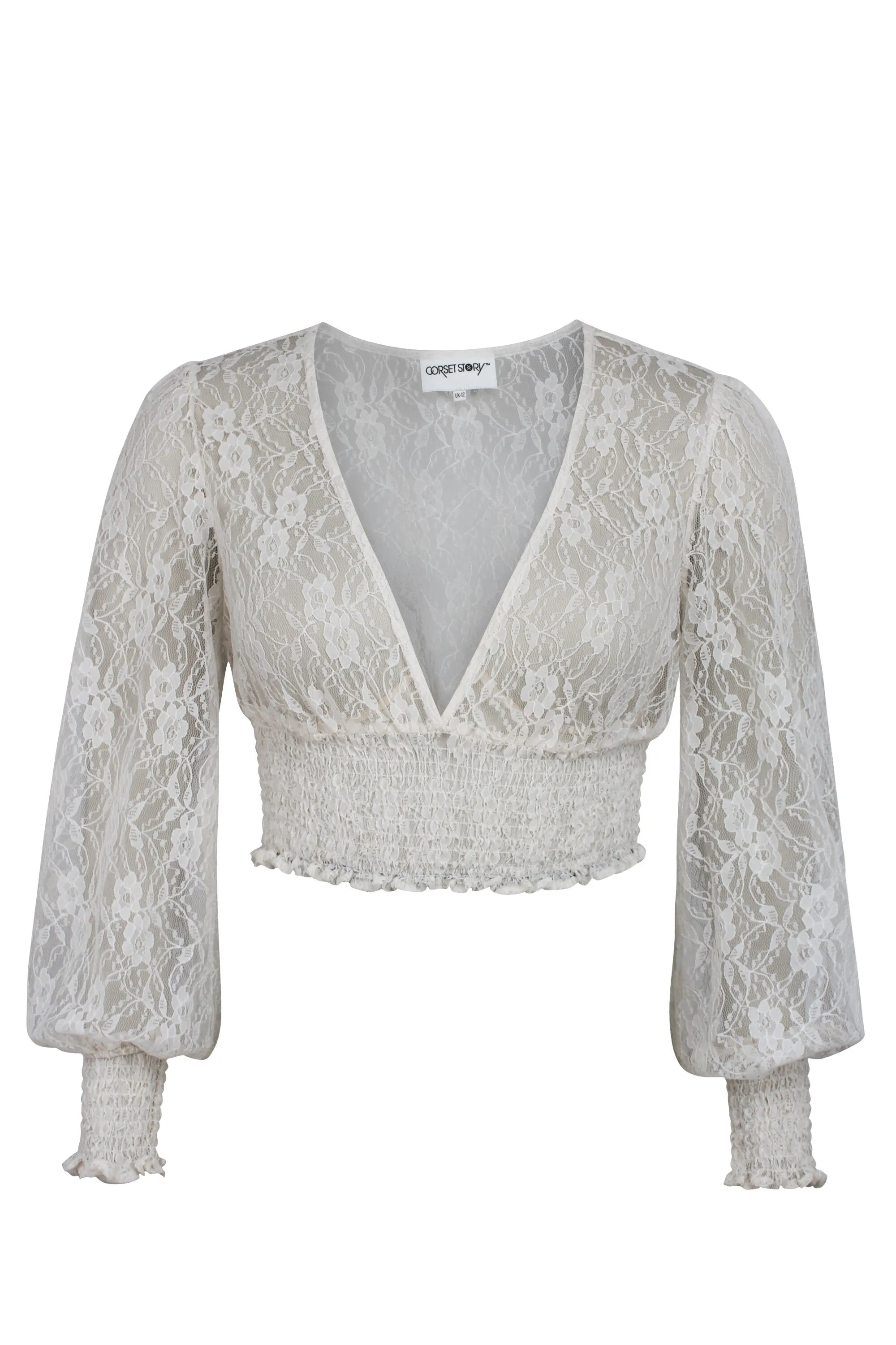 Pearl Whisper White Lace Cropped Top with Long Sleeves sold by Corset Story