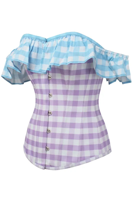 Lilac and Blue Contrast Gingham Corset Top With Bardot Sleeve sold by Corset Story
