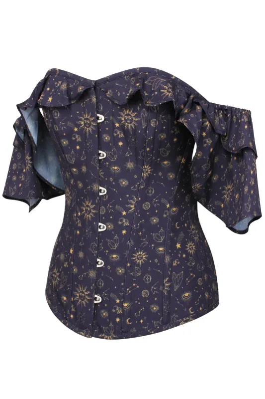 Mystic Galaxy Indigo And Gold Corset Top With Frilled Sleeve sold by Corset Story