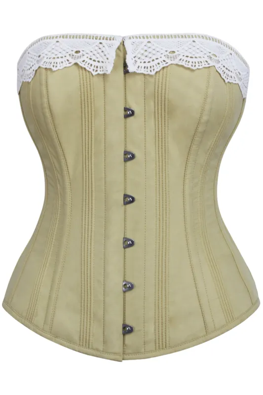 Historically Inspired Taupe Green Longline Corset with Lace Trim made by Corset Story