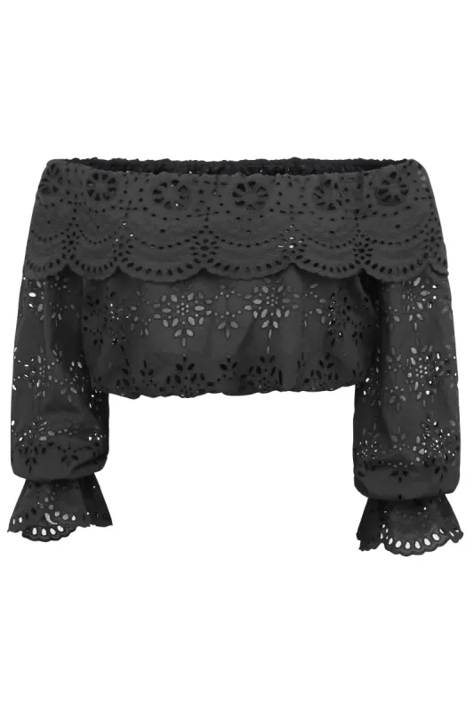 Rosalie Black Cotton Cropped Bardot Neckline Top sold by Corset Story