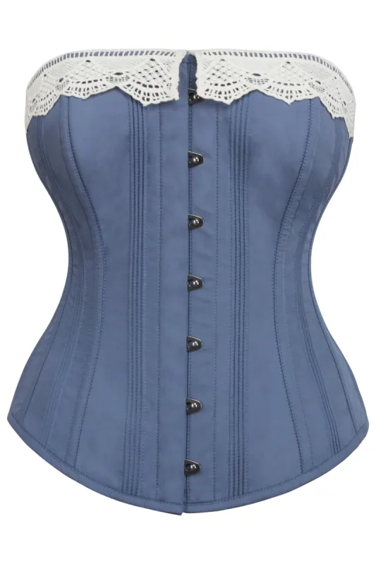 Historically Inspired Blue Longline Corset with Lace Trim sold by Corset Story