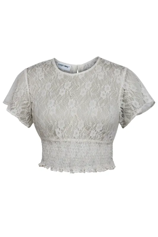 Helena Whisper White Lace Cropped Top with Crew Neckline sold by Corset Story